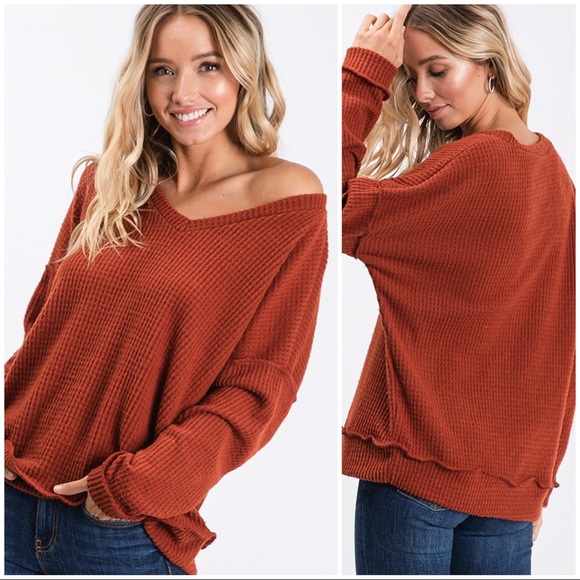Infinity Raine Tops - LAST ONE✨GIVE ME ALL THE JOY WAFFLE KNIT TOP-BRICK